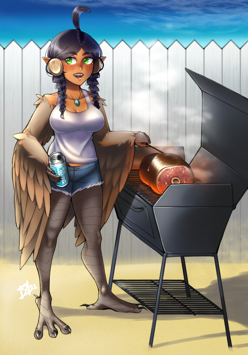 1girl absurdres ahoge animal_hands bare_shoulders bauble beer_can bird_legs black_hair blush boned_meat braid breasts brown_feathers brown_wings can cleavage commentary commission cooking denim denim_shorts feathers fence food green_eyes grill grilling harpy highres jewelry large_breasts long_hair meat monster_girl necklace original outdoors parted_bangs pointy_ears sharp_teeth shorts solo talons tan tank_top teeth twin_braids white_tank_top winged_arms wings wooden_fence yashrimp