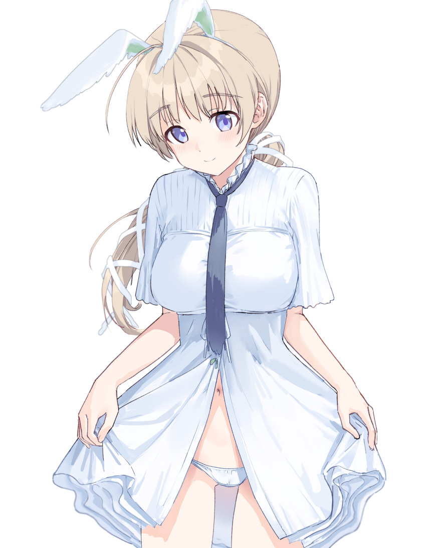 1girl absurdres animal_ears blue_eyes blush breasts brown_hair closed_mouth dress fake_animal_ears highres large_breasts lynette_bishop mejina panties ponytail rabbit_ears smile strike_witches thick_eyebrows underwear white_dress white_panties world_witches_series