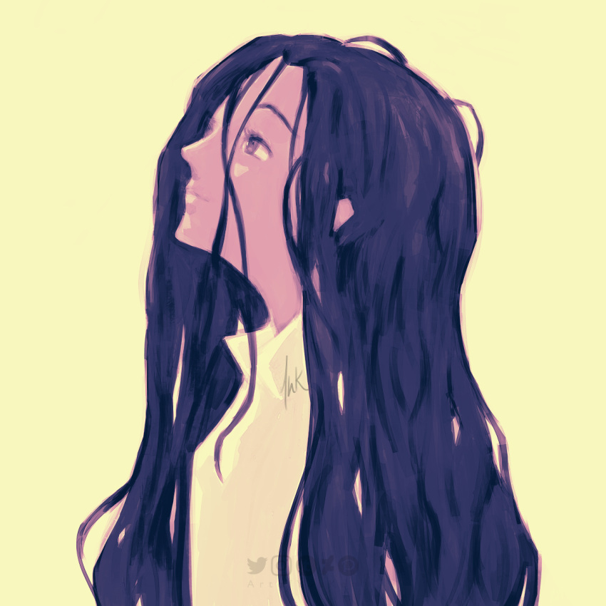 1girl artofyuuken black_hair closed_mouth collared_shirt eyelashes highres isabella_(yakusoku_no_neverland) limited_palette long_hair looking_up messy_hair shirt signature simple_background solo upper_body very_long_hair white_background white_shirt yakusoku_no_neverland