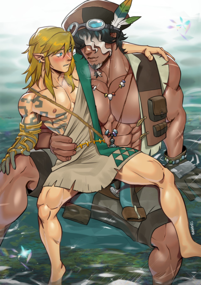 5_fingers abs biped blush clothed clothing duo fingers hair hi_res human human_on_humanoid humanoid humanoid_pointy_ears hylian interspecies link male male/male mammal muscular muscular_male nintendo not_furry partially_submerged pecs rauru's_arm size_difference suyohara tauro_(tloz) tears_of_the_kingdom the_legend_of_zelda water