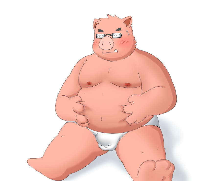 2023 anthro belly blush bulge clothing cute_fangs domestic_pig eyewear givemepudding3 glasses hi_res humanoid_hands kemono male mammal moobs nipples overweight overweight_male simple_background sitting solo suid suina sus_(pig) underwear white_background