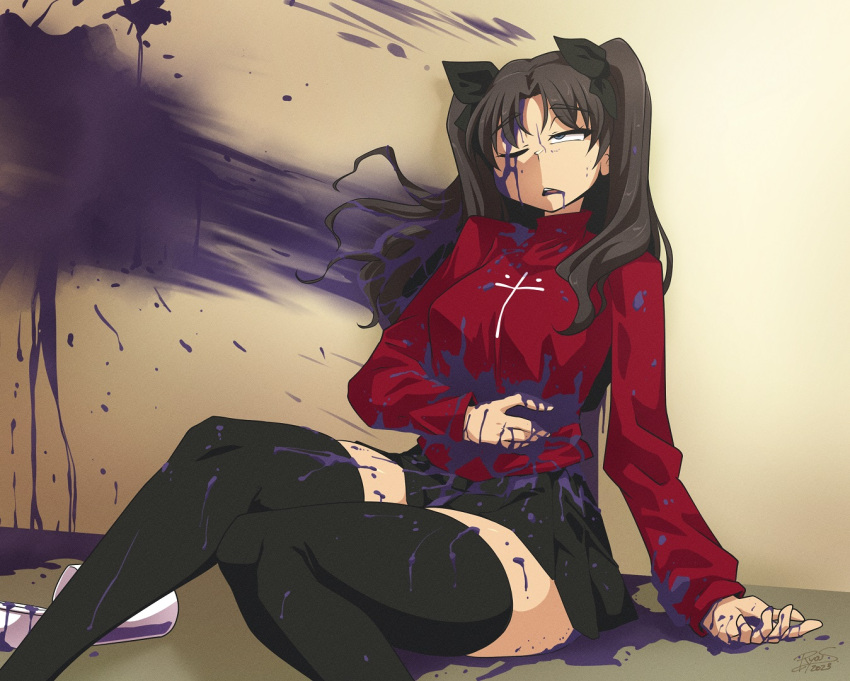 1girl against_wall black_hair cup disposable_cup fate/stay_night fate_(series) grimace_shake_(meme) long_sleeves mcdonald's meme miniskirt one_eye_closed open_mouth purple_liquid ryou_sakai sitting skirt solo teeth thighhighs tohsaka_rin tongue