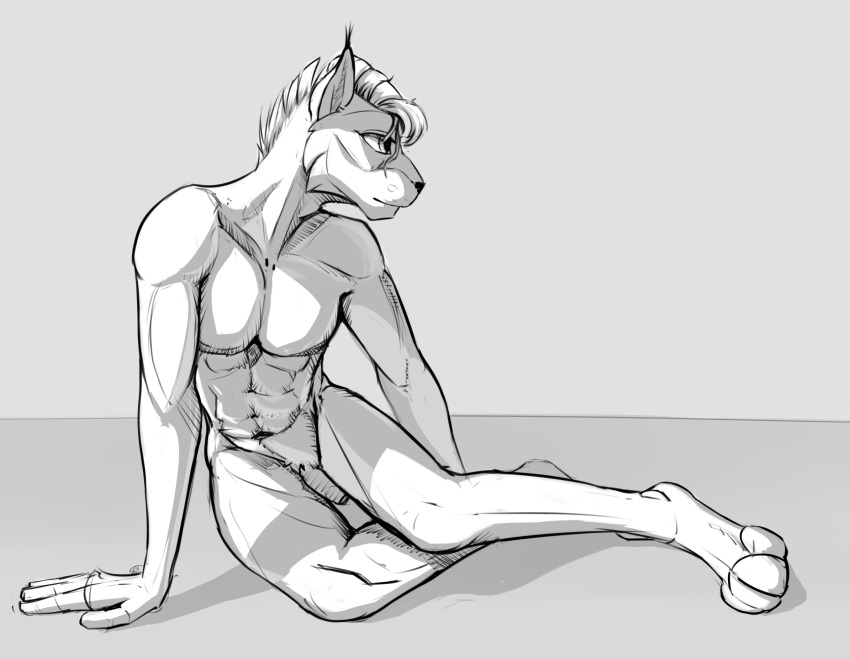 abs anthro athletic athletic_male black_and_white ear_tuft effedupspecimen felid feline flaccid fur genitals hair hair_over_eye hi_res lynx male mammal monochrome muscular muscular_anthro muscular_male nude nude_male one_eye_obstructed paws penis pose shaded simple_background simple_shading sitting solo tuft white_body white_fur