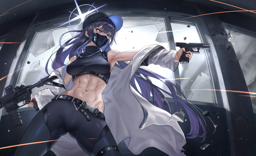 1girl abs absurdres armband armpits assault_rifle bare_shoulders baseball_cap belt black_belt black_hair black_headwear black_mask black_pants black_shirt blue_archive blue_eyes blue_hair breaking breasts broken_window chest_harness coat commentary cowboy_shot crop_top dual_wielding finger_on_trigger firing foregrip glass_shards groin gun halo handgun harness hat highres holding holding_gun holding_weapon indoors long_hair m1911 mask medium_breasts midriff mouth_mask muscular muscular_female navel off_shoulder pants purple_eyes purple_hair rifle saori_(blue_archive) scope shards shirt sibo sig_516 sig_sauer sleeveless sleeveless_shirt snap-fit_buckle solo standing underbust weapon white_coat