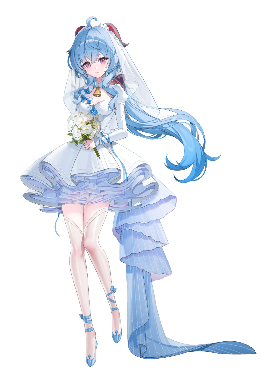 1girl absurdres ahoge alternate_costume bell blue_flower blue_hair bouquet bow bridal_veil closed_mouth dress floating_hair flower full_body ganyu_(genshin_impact) genshin_impact goat_horns hair_between_eyes hair_bow highres holding holding_bouquet horns hyoin long_hair long_sleeves low_ponytail neck_bell pink_eyes sidelocks simple_background smile standing thighhighs veil very_long_hair wedding_dress white_background white_dress white_flower