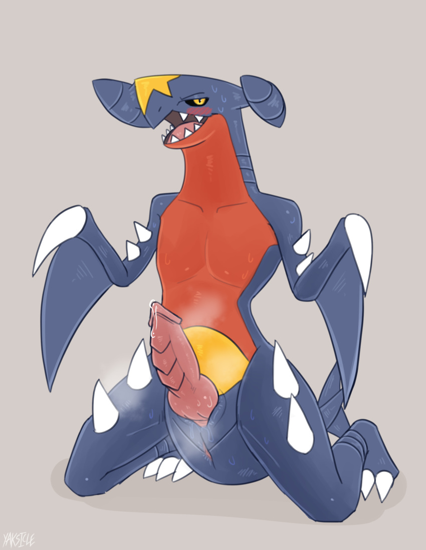 3_toes absurd_res anthro anus arm_spikes blush bodily_fluids countershading erection feet garchomp generation_4_pokemon genital_fluids genitals grey_background grey_body hi_res kneeling knot leg_spikes looking_at_viewer male musk_clouds nintendo open_mouth pecs penis pokemon pokemon_(species) precum presenting presenting_penis red_body red_countershading sharp_teeth simple_background solo spikes spikes_(anatomy) sweat teeth toes yaksicle yellow_eyes