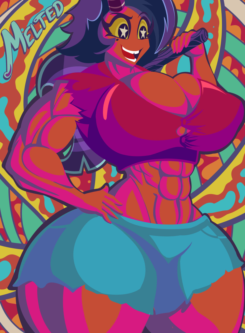 2023 5_fingers abs absurd_res breasts button_(fastener) demon female fingers helluva_boss hi_res humanoid imp millie_(helluva_boss) mrmelted muscular muscular_female not_furry red_body red_skin solo straining_buttons teeth thick_thighs tongue yellow_sclera