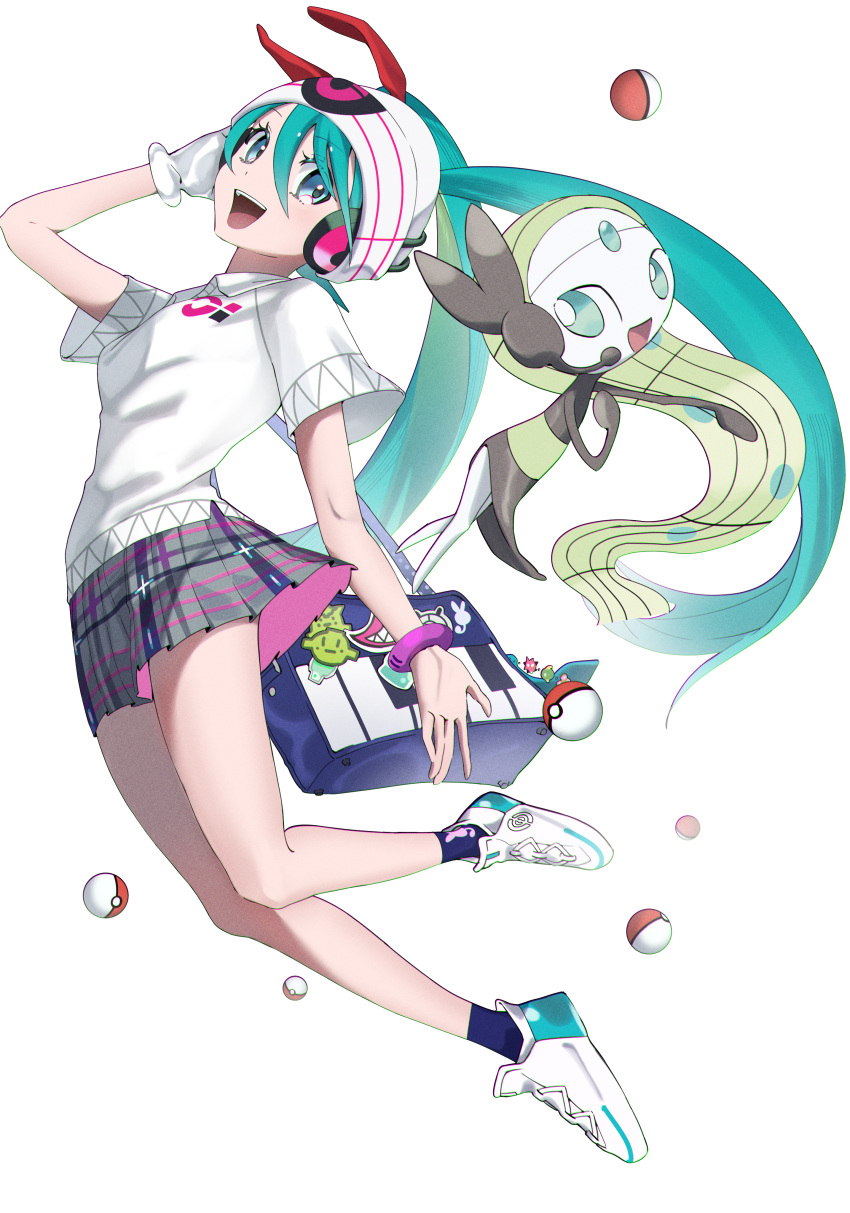 1girl absurdres akabane_he aqua_eyes aqua_hair bag beanie black_socks collared_shirt commentary gloves green_hair hat hatsune_miku headphones highres long_hair meloetta open_mouth pleated_skirt poke_ball pokemon pokemon_(creature) project_voltage psychic_miku_(project_voltage) shirt shoulder_bag single_glove skirt smile socks twintails vocaloid white_background white_footwear white_gloves white_headwear white_shirt