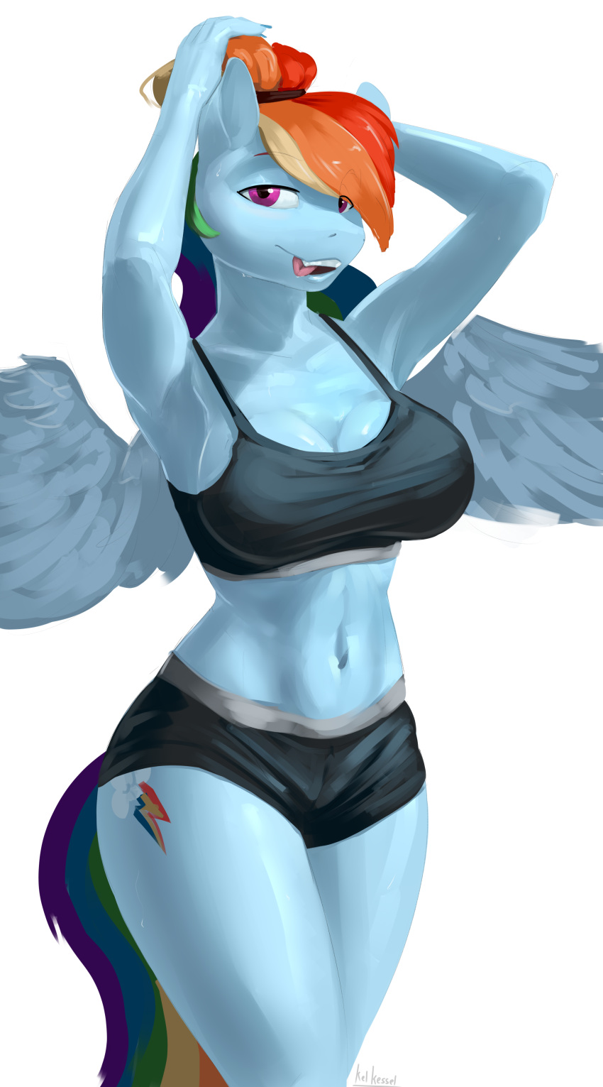 2023 absurd_res accessory anthro anthrofied athletic athletic_anthro athletic_female big_breasts blue_body blue_feathers blue_fur blue_nails breasts cleavage clothed clothing colored_nails cutie_mark digital_media_(artwork) equid equine feathered_wings feathers female friendship_is_magic fur hair hair_accessory hair_tie hasbro hi_res kelkessel licking licking_lips mammal multicolored_hair multicolored_tail my_little_pony nails navel pegasus pink_eyes rainbow_dash_(mlp) rainbow_hair rainbow_tail simple_background spread_wings tail teeth tongue tongue_out white_background wings