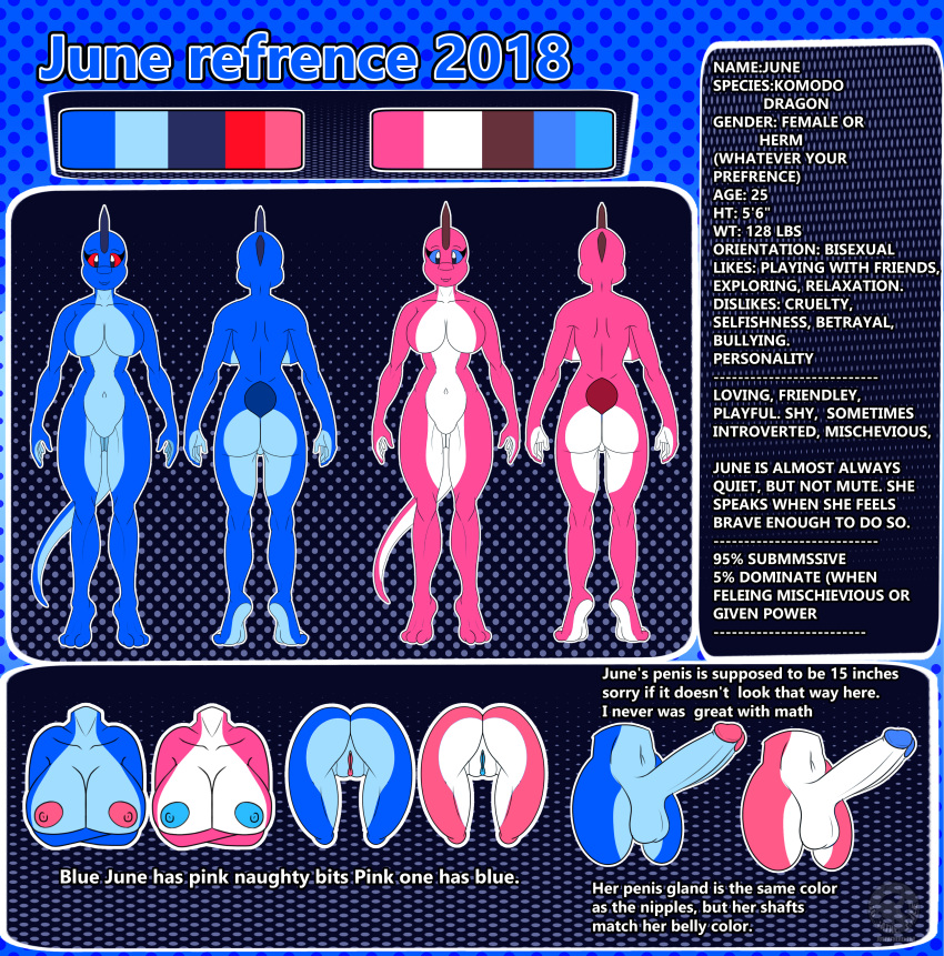 2018 absurd_res alternate_color anthro areola arm_under_breasts balls big_breasts blue_areola blue_background blue_body blue_eyes blue_glans blue_nipples blue_pussy blue_scales blue_skin breasts butt color_swatch crossgender digital_media_(artwork) dotted_background erection female genitals glans herm hi_res intersex june_(justathereptile) justathereptile komodo_dragon lizard looking_at_viewer model_sheet monitor_lizard nipples non-mammal_breasts nude pattern_background penis pink_areola pink_glans pink_nipples pink_pussy pussy red_eyes reptile scales scalie scutes simple_background smile solo tail tiptoes watermark