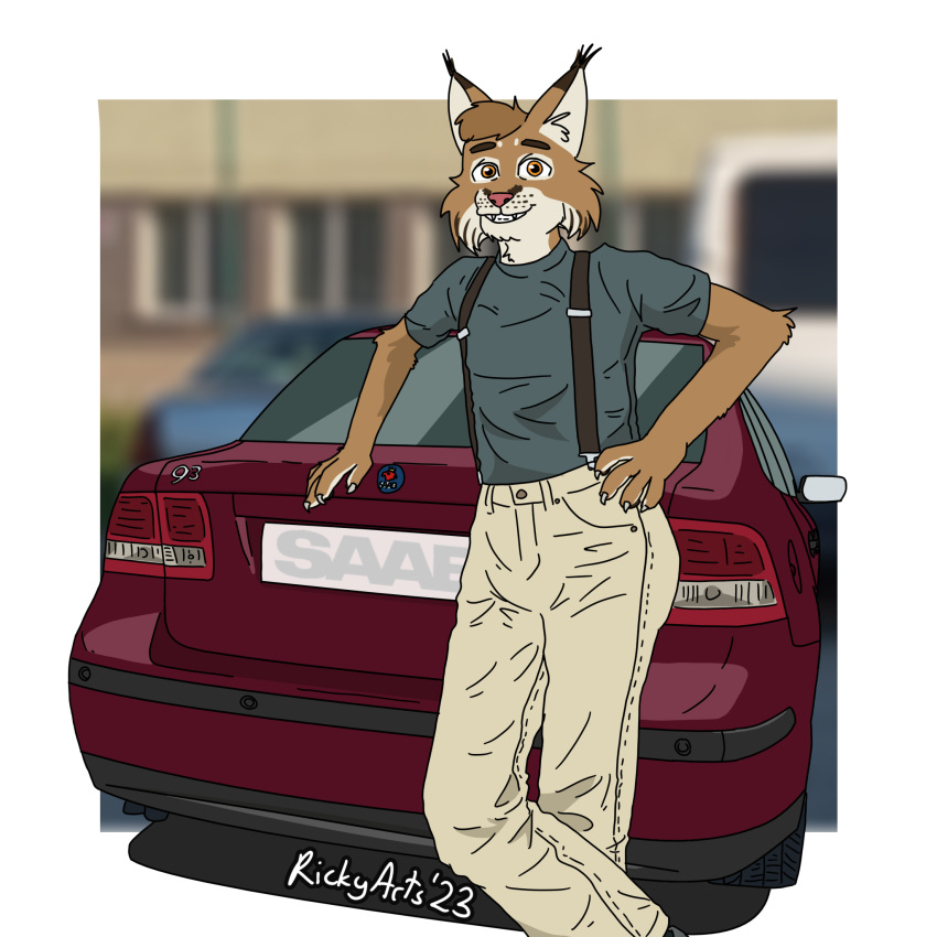 1:1 2023 animal_humanoid anthro bottomwear butt clothing countershade_face countershading english_text felid feline friendly fur general_motors grey_clothing grey_shirt grey_topwear hand_on_hip hi_res humanoid leaning leaning_on_object leaning_on_vehicle looking_at_viewer lynx male mammal mammal_humanoid orange_eyes pants pink_nose ricky_arts saab shirt smile solo suspenders tan_body tan_bottomwear tan_clothing tan_fur tan_pants teeth teeth_showing text topwear tuft tufted_ears tufted_fur vehicle