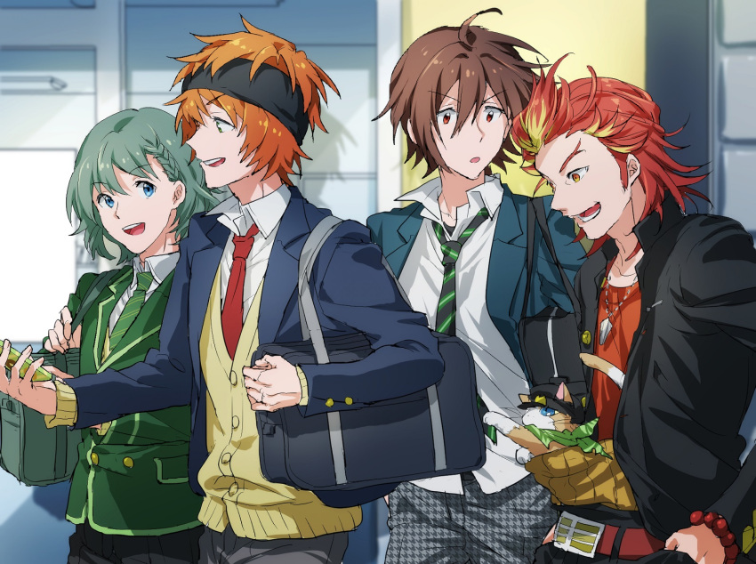 4boys akai_suzaku amagase_touma bag belt blazer blonde_hair blue_eyes blue_jacket braid brown_hair cardigan cat collared_shirt gakuran green_eyes green_hair green_jacket holding holding_phone idolmaster idolmaster_side-m jacket lapels looking_at_another male_focus multicolored_hair multiple_boys necktie open_clothes open_jacket orange_hair phone red_eyes red_hair red_necktie school_bag school_uniform shirt single_braid smile tarou_(2taro8) two-tone_hair uzuki_makio wakazato_haruna