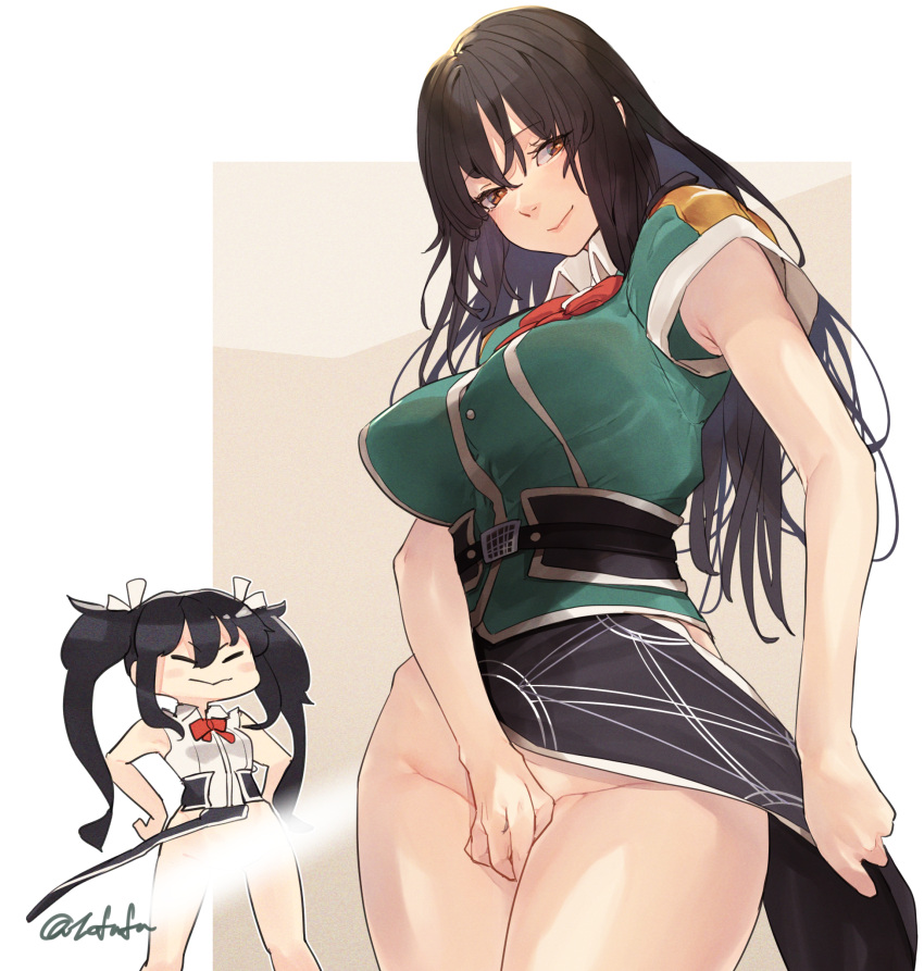 2girls black_hair blush_stickers breasts brown_eyes buttons chikuma_(kancolle) closed_eyes closed_mouth clothing_aside covering_crotch covering_privates fuwafuwatoufu green_jacket groin hair_between_eyes hair_ribbon highres jacket kantai_collection large_breasts light_censor long_hair multiple_girls pelvic_curtain pelvic_curtain_aside ribbon short_sleeves smile tone_(kancolle) twintails twitter_username very_long_hair white_ribbon