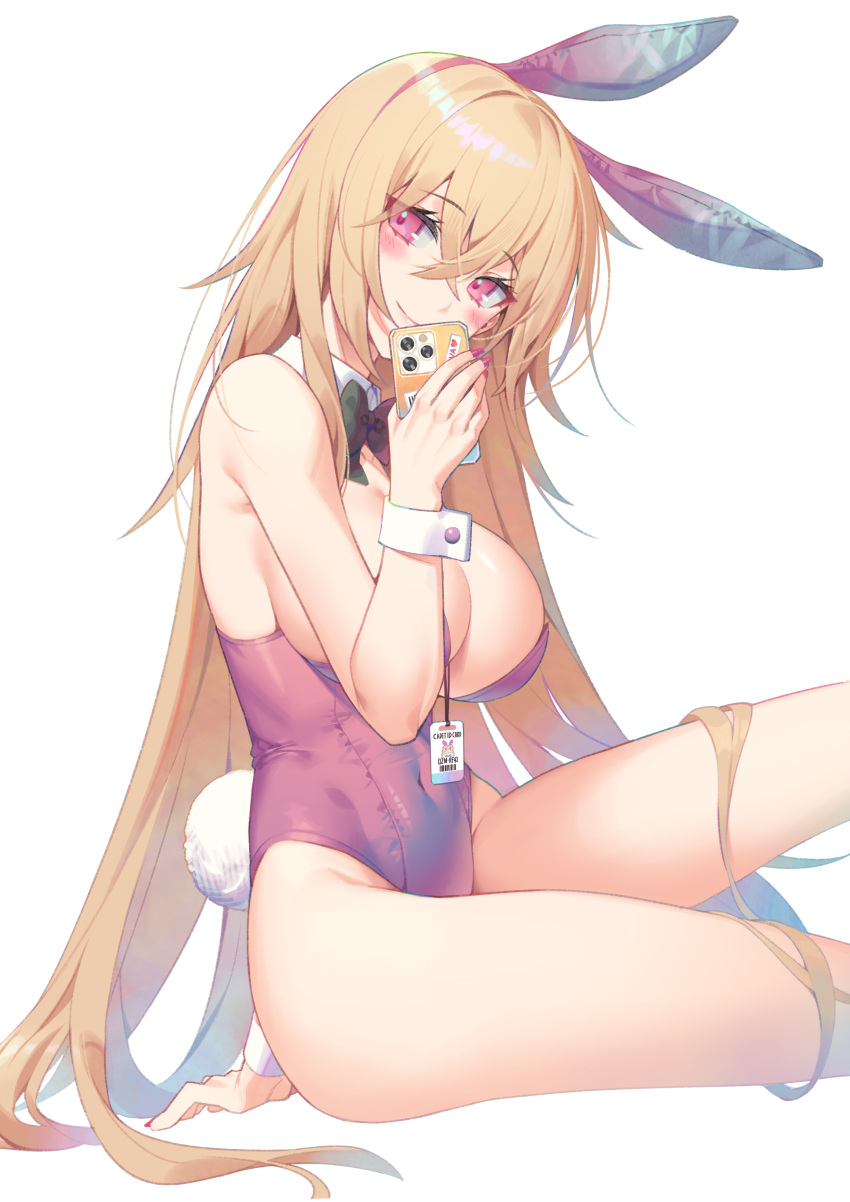 1girl absurdres animal_ears arm_support bare_shoulders black_survival blonde_hair blush bow bowtie breasts bursting_breasts cellphone cleavage closed_mouth covered_navel crossed_bangs detached_collar eternal_return:_black_survival eva_(black_survival) fake_animal_ears fake_tail hair_between_eyes highleg highleg_leotard highres holding holding_phone hop3 id_card lanyard large_breasts leotard long_hair looking_at_viewer nail_polish phone pink_eyes pink_leotard playboy_bunny rabbit_ears rabbit_tail simple_background sitting smartphone smile solo strapless strapless_leotard tail traditional_bowtie very_long_hair white_background wrist_cuffs