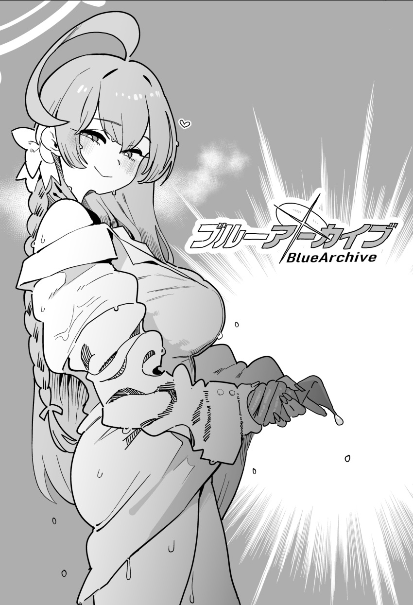 1girl absurdres ahoge blue_archive blush braid breasts bright_pupils copyright_name fingernails greyscale half-closed_eyes halo hanako_(blue_archive) hanako_(swimsuit)_(blue_archive) highres huge_ahoge large_breasts logo looking_at_viewer looking_to_the_side monochrome niku-name official_alternate_costume shirt smile solo water_drop wet wet_clothes wet_shirt wringing_clothes