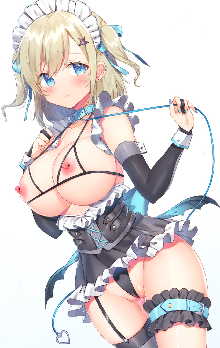 1girl back_bow barbell_piercing belt blonde_hair blue_bow blue_collar blue_eyes blue_nails blue_ribbon blush bow bra breastless_clothes breasts collar cowboy_shot cross cross_earrings cupless_bra dutch_angle ear_piercing earrings eyes_visible_through_hair frills garter_straps hair_ornament hair_ribbon hands_up heart highres holding holding_leash jewelry konnyaku_(yuukachan_51) large_breasts leash looking_at_viewer maid_headdress medium_hair mismatched_earrings nail_polish nipple_piercing nipples original piercing pussy pussy_juice ribbon simple_background single_garter_strap single_thighhigh smile solo star_(symbol) star_hair_ornament string_bra stud_earrings thigh_belt thigh_strap thighhighs two_side_up underwear white_background
