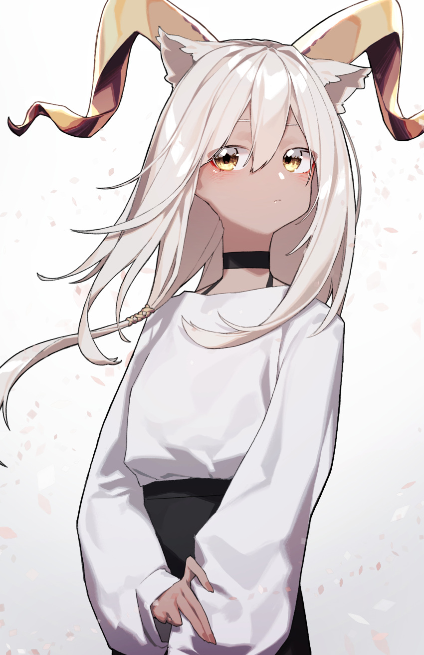 1girl absurdres alternate_costume animal_ears arknights beeswax_(arknights) beudelb black_choker black_skirt blush casual choker closed_mouth dark-skinned_female dark_skin goat_ears goat_girl goat_horns grey_hair high-waist_skirt highres horns long_hair long_sleeves looking_at_viewer petals simple_background skirt solo sweater white_background white_sweater yellow_eyes