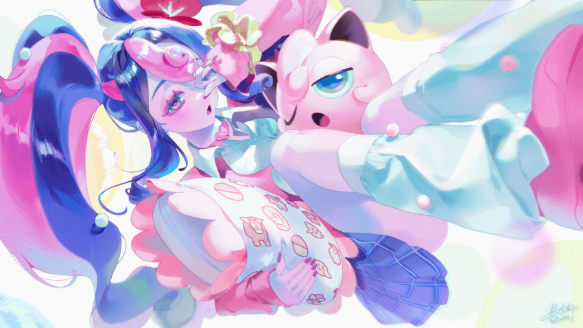 1girl absurdres baekryang blue_hair commentary_request crossover eyelashes fairy_miku_(project_voltage) flower green_eyes hair_flower hair_ornament hand_up hatsune_miku highres jigglypuff long_sleeves loose_socks multicolored_hair nail_polish open_mouth pink_footwear pink_hair pokemon pokemon_(creature) project_voltage scrunchie shoes skirt sleepy sleeves_past_wrists socks twintails two-tone_hair vocaloid wrist_scrunchie