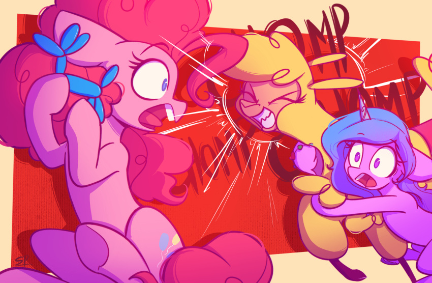 balloon balloon_animal bite blue_hair camelid earth_pony equid equine friendship_is_magic fur gradient_hair hair hasbro hi_res horn horse inflatable izzy_moonbow_(mlp) llama mammal mlp_g5 my_little_pony paprika_paca_(tfh) pink_body pink_fur pink_hair pinkie_pie_(mlp) pony purple_hair scribble-potato them's_fightin'_herds unicorn