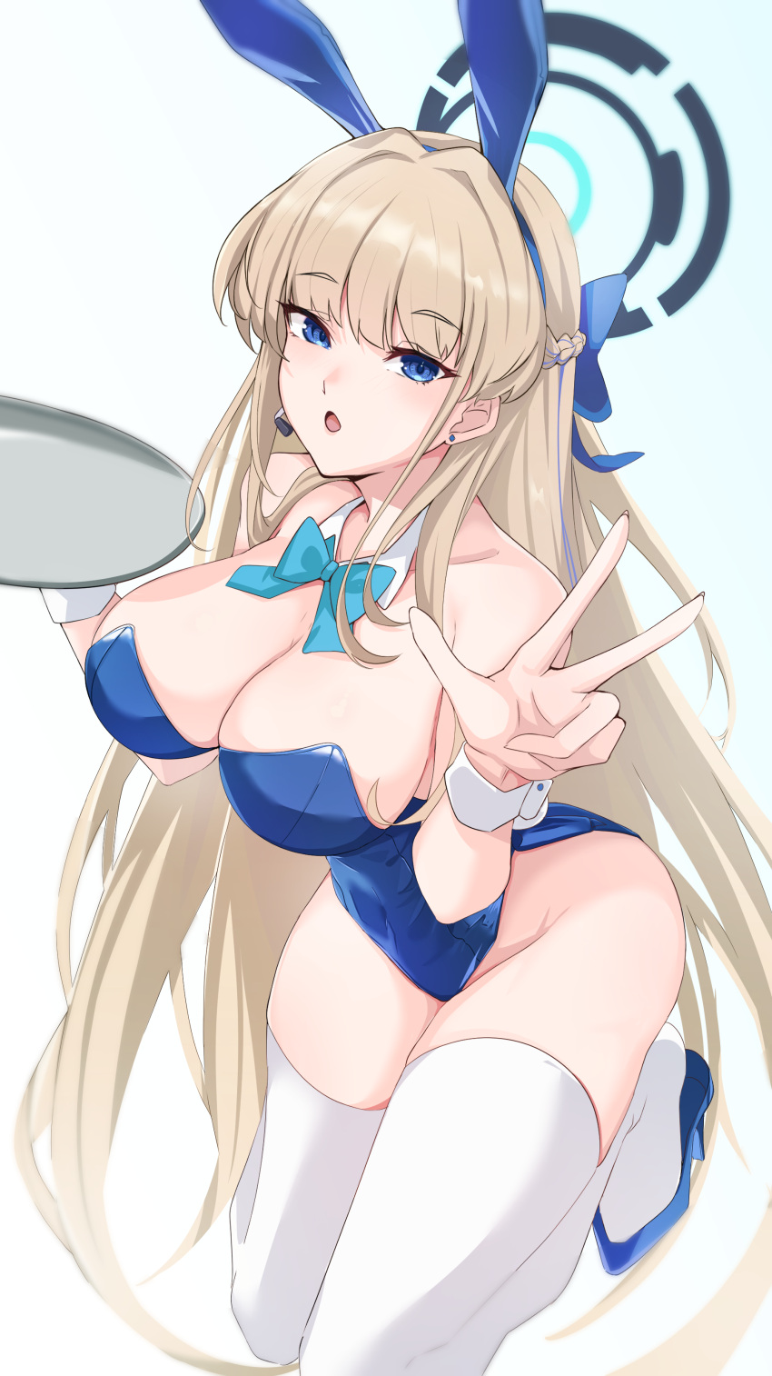 1girl absurdres animal_ears blonde_hair blue_archive blue_eyes blue_leotard bow bowtie breasts detached_collar fake_animal_ears halo high_heels highres large_breasts leotard long_hair looking_at_viewer official_alternate_costume open_mouth playboy_bunny rabbit_ears solo strapless strapless_leotard thighhighs toki_(blue_archive) toki_(bunny)_(blue_archive) v vanko_(vank0a) very_long_hair white_thighhighs wrist_cuffs
