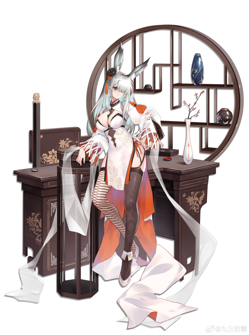 1girl absurdres animal_ear_fluff animal_ears arknights asymmetrical_legwear between_breasts black_flower black_rose breasts brown_thighhighs china_dress chinese_clothes cleavage cleavage_cutout closed_mouth clothing_cutout commentary_request dress fishnet_thighhighs fishnets flower frostnova_(arknights) garter_straps grey_eyes grey_hair hair_ornament hair_over_one_eye hand_on_own_hip high_heels highres jiusan_naitang long_hair looking_at_viewer mismatched_legwear pelvic_curtain rabbit_ears rabbit_girl rose see-through_shawl shawl solo table tassel tassel_hair_ornament thighhighs vase white_dress white_footwear wide_shot
