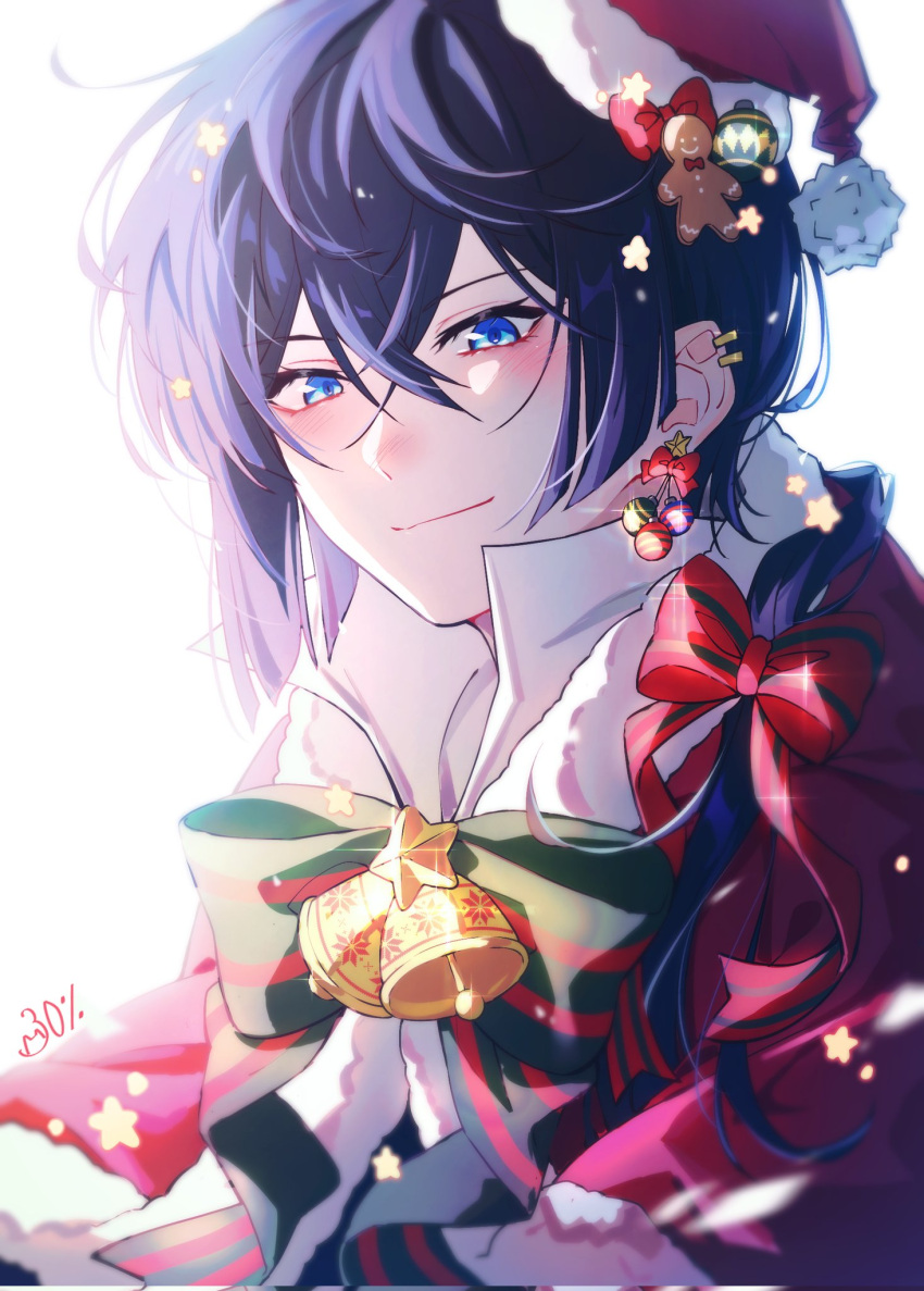 1boy bell blue_eyes blue_hair blush cape christmas_ornaments coat cookie ear_piercing food fur-trimmed_cape fur_trim green_ribbon hair_ribbon hat highres jingle_bell pickpi piercing red_ribbon ribbon santa_hat short_hair smirk solo vanitas_(vanitas_no_carte) vanitas_no_carte white_background