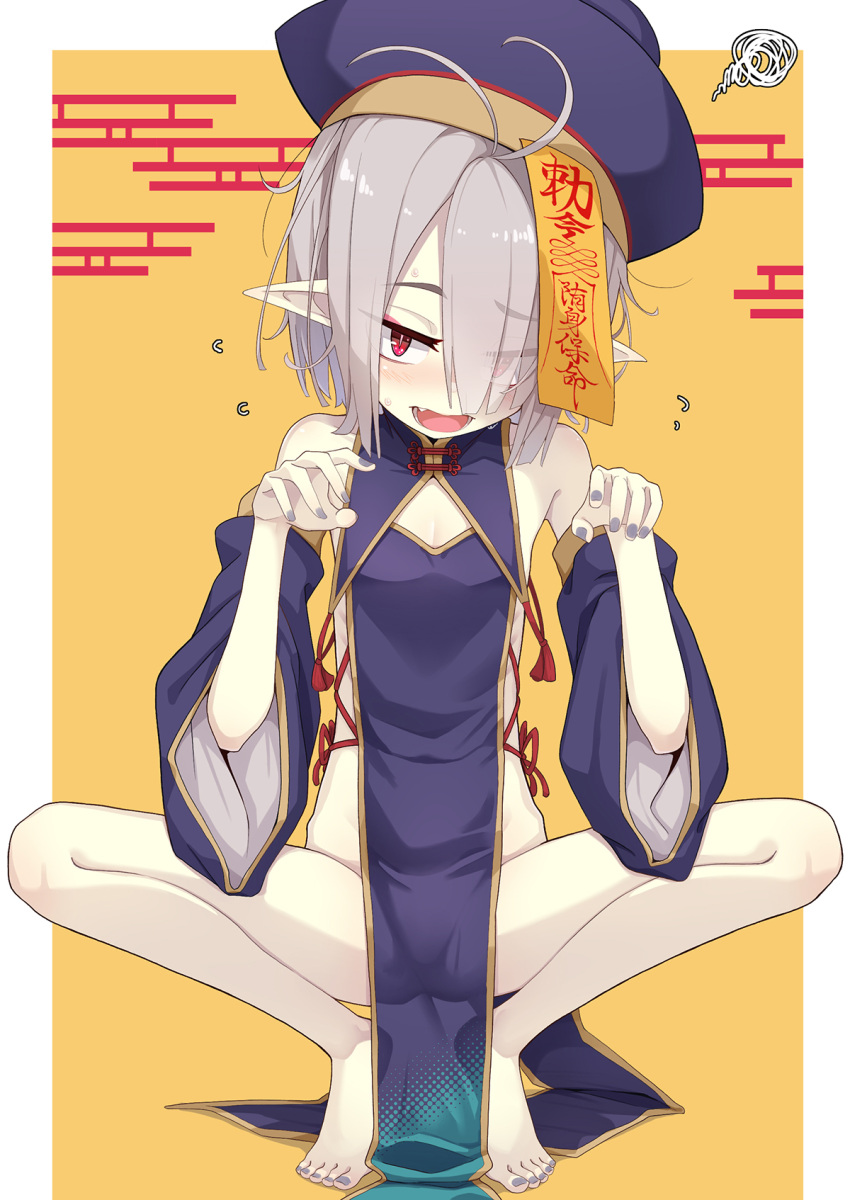 1girl bare_shoulders barefoot blue_dress blue_headwear blue_sleeves blush breasts detached_sleeves dress egasumi eyes_visible_through_hair fang flying_sweatdrops full_body grey_hair grey_nails hair_over_one_eye hands_up highres jiangshi long_sleeves looking_at_viewer nail_polish no_panties ofuda ogami_kazuki open_mouth original pelvic_curtain pointy_ears red_eyes see-through sleeveless sleeveless_dress small_breasts solo spread_legs squatting squiggle tiptoes two-tone_background wide_sleeves yellow_background