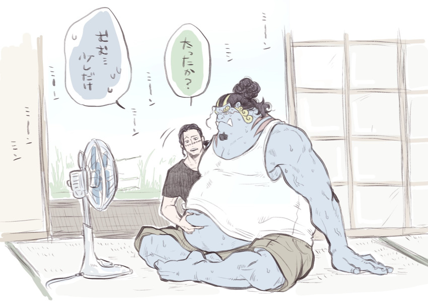 2boys bara belly_grab big_belly black_hair blue_skin colored_skin crocodile_(one_piece) curly_eyebrows electric_fan facial_hair fat fat_man from_side gills goatee highres hot interspecies jinbe_(one_piece) large_pectorals long_sideburns male_focus midriff_peek motion_lines multiple_boys muscular muscular_male one_piece pectorals short_hair shorts sideburns sitting size_difference sweat tank_top thick_eyebrows translation_request tusks veins veiny_arms very_sweaty white_tank_top y_y_ko yaoi