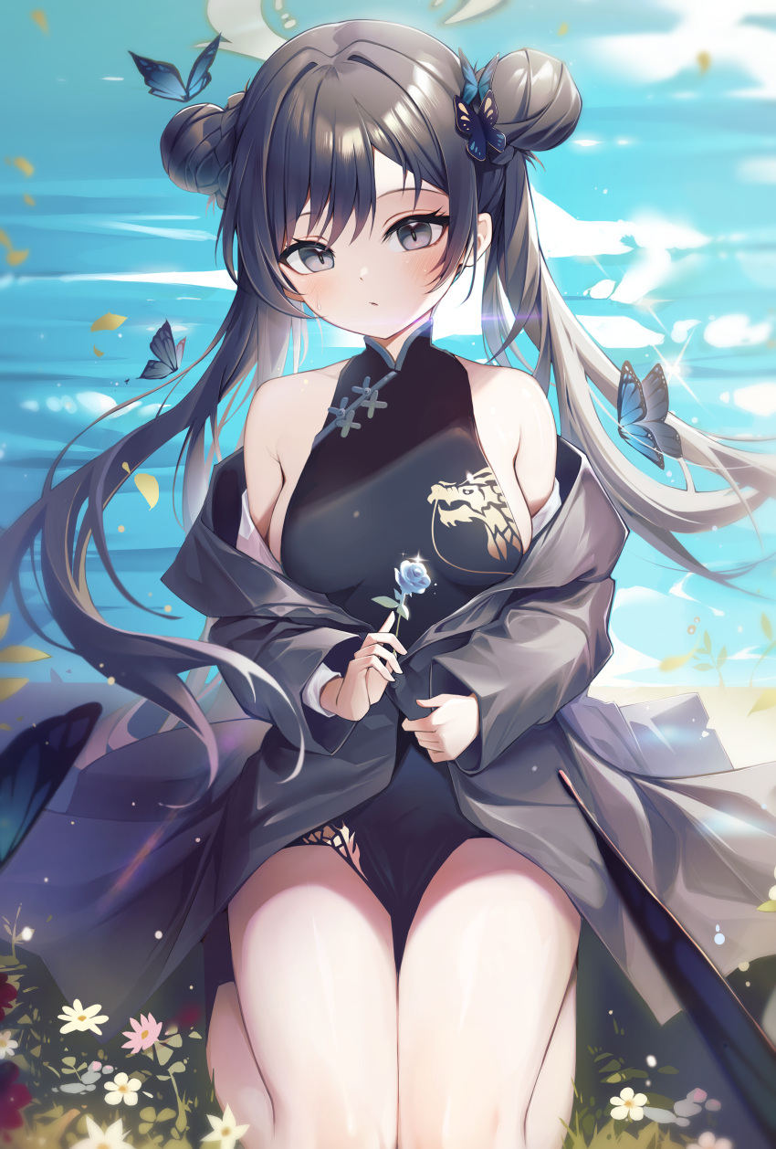 1girl absurdres black_coat black_dress black_hair blue_archive blue_flower blue_rose blue_sky breasts butterfly_hair_ornament china_dress chinese_clothes cloud cloudy_sky coat commentary_request double_bun dress eyes_visible_through_hair field flower flower_field grey_eyes hair_between_eyes hair_bun hair_ornament halo highres holding holding_flower horizon kisaki_(blue_archive) kurobi_(netisz) long_hair long_sleeves looking_at_viewer open_clothes open_coat outdoors parted_bangs pelvic_curtain rose seiza side_slit sideboob sidelocks sitting sky sleeveless sleeveless_turtleneck_dress small_breasts solo twintails