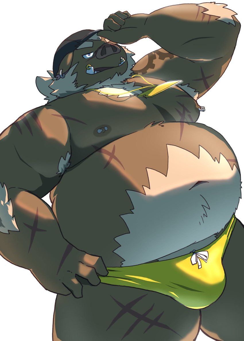 2023 anthro belly big_belly brown_body bulge clothing hi_res hon55728 humanoid_hands kemono male mammal moobs navel nipples overweight overweight_male simple_background solo speedo suid suina sus_(pig) swimwear white_background wild_boar