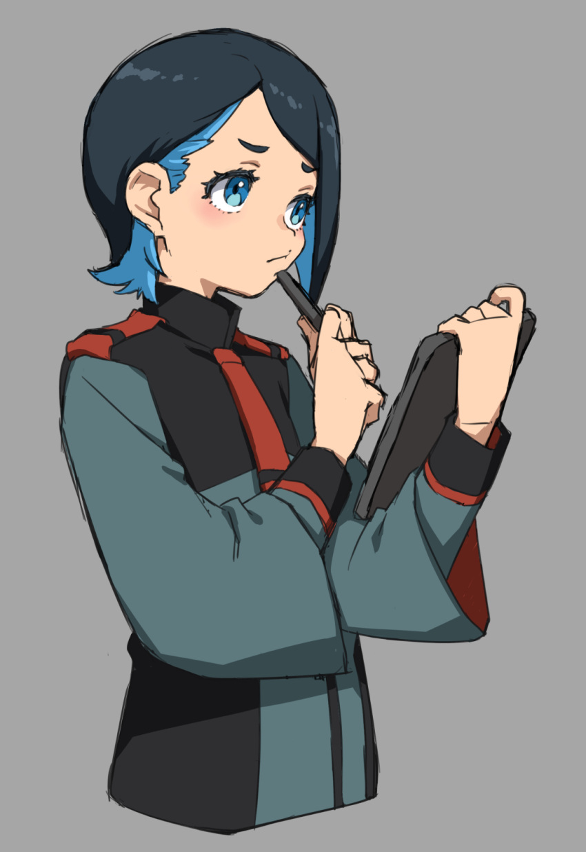 1girl black_hair blue_eyes blue_hair closed_mouth cropped_torso grey_background gundam gundam_suisei_no_majo highres holding holding_tablet_pc long_sleeves medium_hair multicolored_hair nika_nanaura simple_background solo tablet_pc tamori_tadaji thinking uniform upper_body