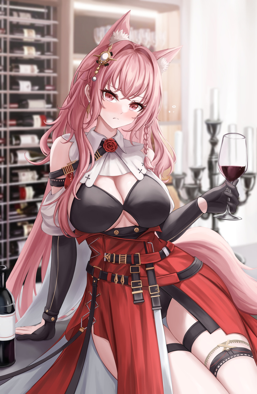 1girl absurdres animal_ears arknights arm_support bare_shoulders black_gloves blush bottle breasts cleavage commentary cowboy_shot cup daisy_cutter drinking_glass extra_ears gloves hair_intakes highres holding holding_cup indoors large_breasts long_hair looking_at_viewer pink_eyes pink_hair pozyomka_(arknights) red_skirt sitting skirt solo tail thigh_strap thighs very_long_hair wine_glass wolf_ears wolf_girl wolf_tail