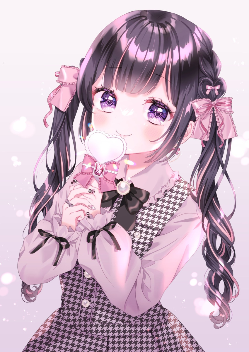 azarashi6 black_bow black_bowtie black_hair black_ribbon bow bowtie frilled_ribbon frills hair_ribbon heart heart-shaped_pupils highres long_sleeves multicolored_hair original pink_ribbon purple_eyes purple_hair ribbon streaked_hair symbol-shaped_pupils