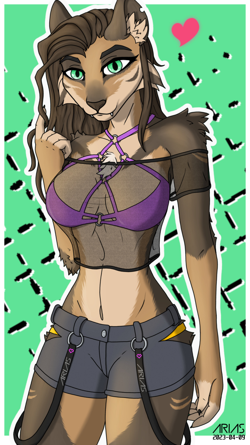 &lt;3 absurd_res anthro arias arm_tuft border bottomwear bra breasts brown_body brown_fur brown_hair cheek_tuft chest_tuft claws cleavage clipped_ear clothed clothing elbow_tuft facial_tuft fangs felid female fur green_background green_eyes grey_clothing hair hair_twirl hi_res hip_tuft inner_ear_fluff looking_at_viewer machairodontine mammal medium_breasts mesh_top navel panties purple_clothing sabertooth_(anatomy) sabryna_saberclaw shorts shoulder_tuft simple_background solo standing tan_body tan_fur teeth topwear tuft underwear white_border yellow_clothing