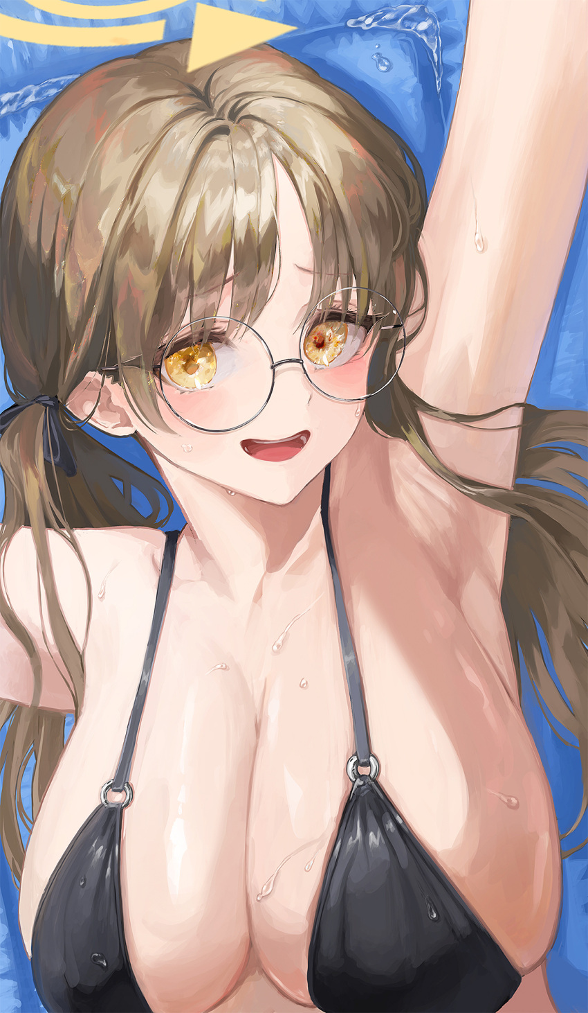 1girl armpits bikini black_bikini blue_archive breasts brown_eyes cleavage egoswans glasses halo highres large_breasts light_brown_hair long_hair looking_at_viewer low_twintails moe_(blue_archive) moe_(swimsuit)_(blue_archive) open_mouth round_eyewear smile solo swimsuit tagme twintails yellow_halo