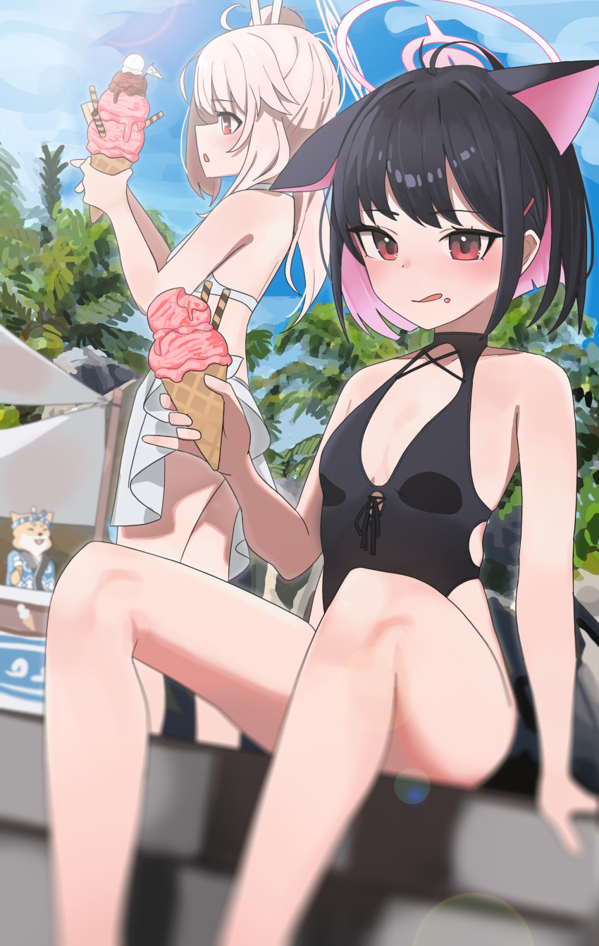 1boy 2girls absurdres ahoge animal_ears bikini black_hair black_one-piece_swimsuit blue_archive blush breasts cat_ears cloud colored_inner_hair commentary_request extra_ears food food_on_face hair_ornament hairclip halo halterneck highres holding_ice_cream ice_cream ice_cream_cone ice_cream_on_face kazusa_(blue_archive) lens_flare licking_lips long_hair master_shiba_(blue_archive) momocadraw multicolored_hair multiple_girls natsu_(blue_archive) one-piece_swimsuit open_mouth outdoors pink_eyes pink_hair red_eyes short_hair side_ponytail sitting skirt sky small_breasts standing swimsuit tongue tongue_out tree two-tone_hair wafer_stick white_bikini white_skirt