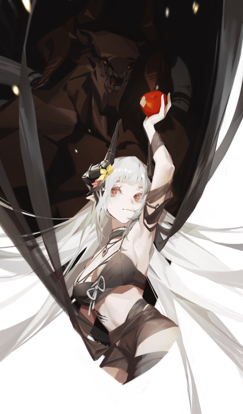1girl absurdres apple arknights arm_up armpits bikini bitten_apple black_bikini black_ribbon closed_mouth commentary_request cropped_legs demon demon_girl flower food food_bite fruit hair_flower hair_ornament highres holding holding_food horns infection_monitor_(arknights) jewelry long_hair mudrock_(arknights) mudrock_(silent_night)_(arknights) necklace official_alternate_costume oripathy_lesion_(arknights) pointy_ears red_eyes ribbon sanbai_jin_ye_da_mao sideways_glance solo swimsuit very_long_hair white_hair yellow_flower