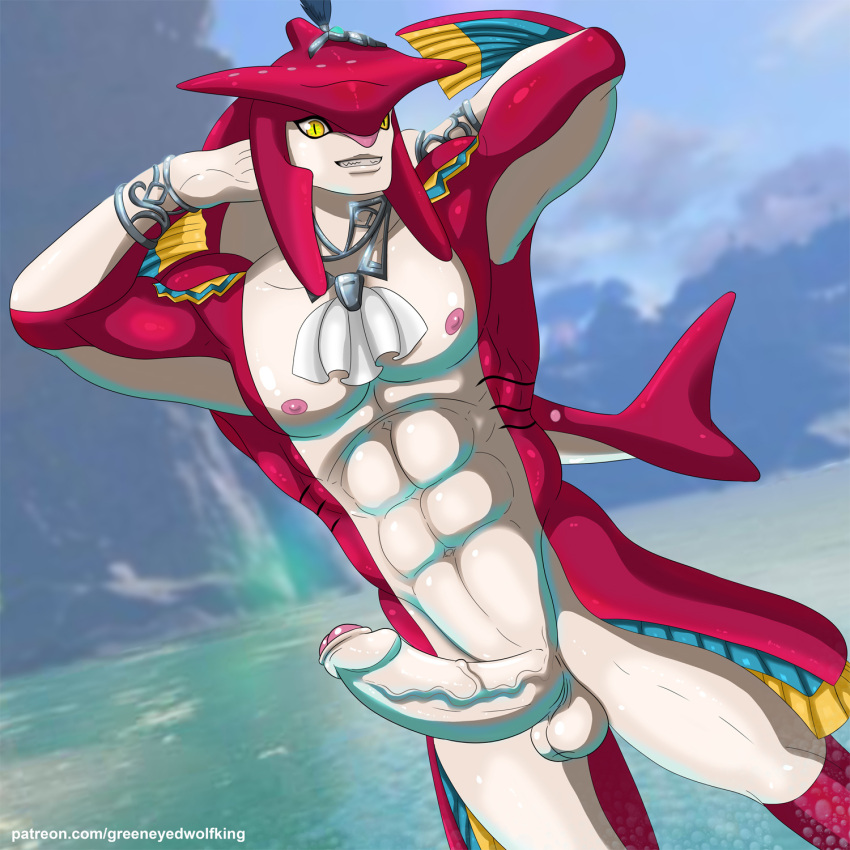 abs anthro balls big_penis breath_of_the_wild fin fish foreskin genitals greeneyedwolfking hands_behind_head hi_res humanoid jewelry_only looking_at_viewer male marine nintendo penis prince_sidon river shark smile smiling_at_viewer solo the_legend_of_zelda zora