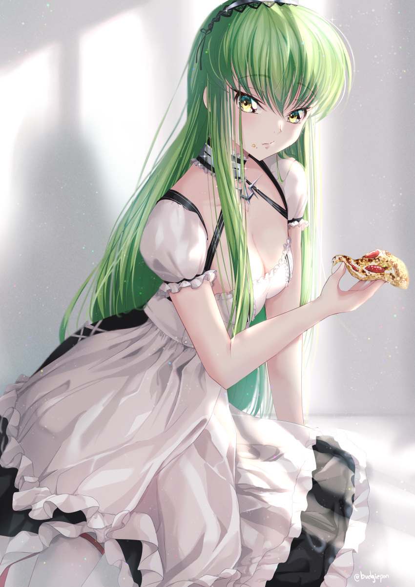 absurdres anchor_symbol apron artist_name azur_lane black_dress breasts budgiepon c.c. cleavage code_geass collar cosplay dress food frilled_apron frilled_dress frills from_side green_hair hair_between_eyes highres holding holding_food holding_pizza long_hair looking_at_viewer medium_breasts metal_collar pizza pizza_slice puffy_short_sleeves puffy_sleeves short_sleeves sirius_(azur_lane) sirius_(azur_lane)_(cosplay) thighhighs two-tone_dress very_long_hair waist_apron white_apron white_dress white_thighhighs
