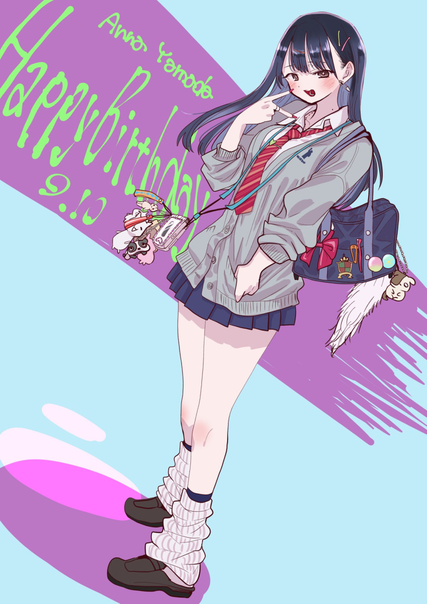 1girl bag black_hair blush boku_no_kokoro_no_yabai_yatsu cardigan full_body gyaru happy_birthday highres keychain loose_socks nail_polish necktie official_art open_mouth piercing red_nails sakurai_norio school_bag school_uniform socks yamada_anna