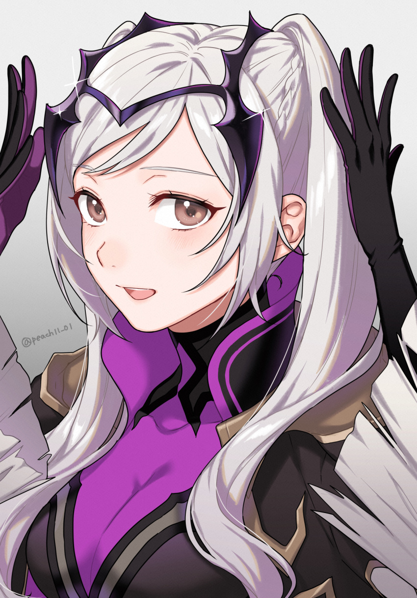 1girl blush bodysuit bodysuit_under_clothes breasts brown_eyes cleavage commentary_request fire_emblem fire_emblem_awakening fire_emblem_heroes gloves glowing_bodysuit highres long_hair official_alternate_costume open_mouth peach11_01 robe robin_(female)_(fire_emblem) robin_(female)_(resplendent)_(fire_emblem) robin_(fire_emblem) smile solo twintails upper_body white_hair