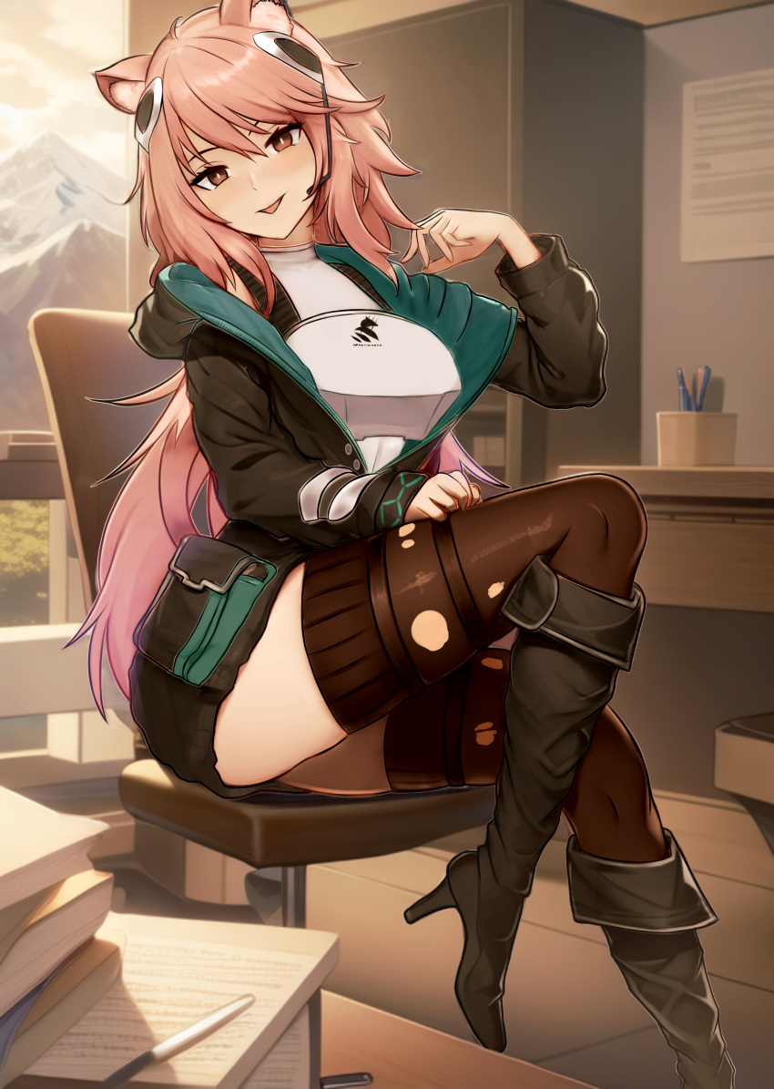1girl absurdres animal_ear_fluff arknights armor boots breastplate earpiece gravel_(arknights) hand_up high_heel_boots high_heels highres jacket knee_up long_hair open_clothes open_jacket partially_unzipped prairie_dog_ears prairie_dog_girl prairie_dog_tail sitting tenjinmeshi