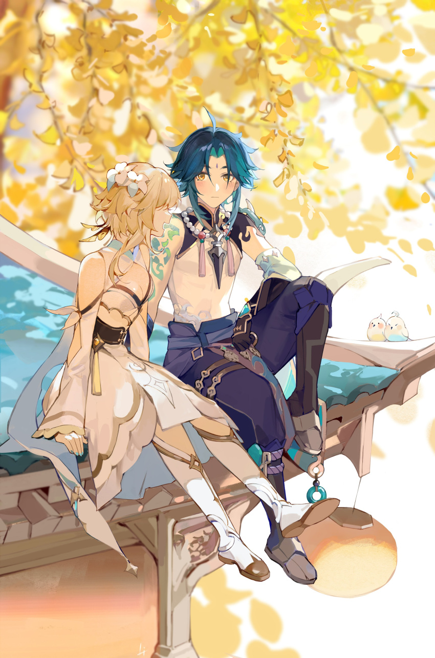 1boy 1girl absurdres black_hair blonde_hair blush couple dress flower full_body genshin_impact hair_flower hair_ornament hetero highres jewelry lizi_(st3648) lumine_(genshin_impact) necklace on_roof pearl_necklace rooftop short_hair sitting_on_roof smile tree white_dress xiao_(genshin_impact) yellow_eyes