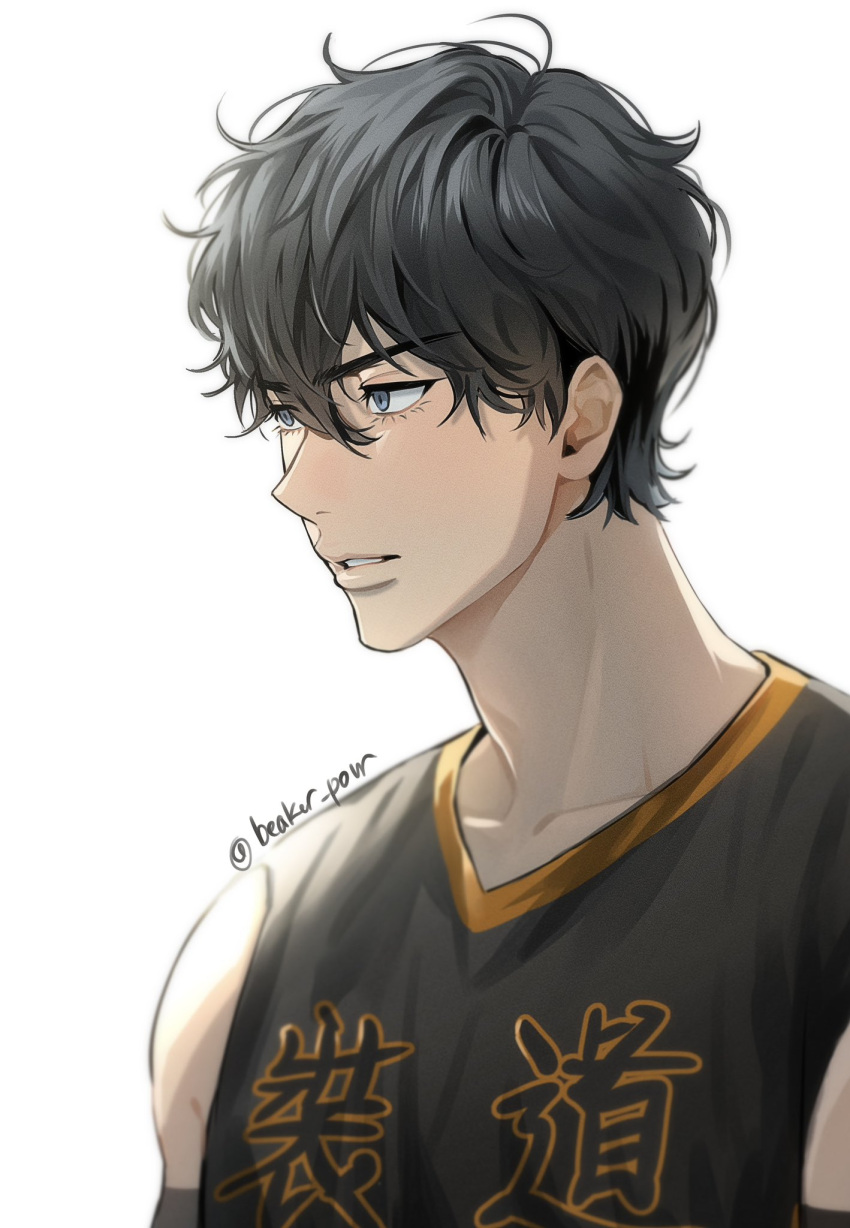 1boy basketball_jersey basketball_uniform beaker_pour bishounen black_eyes black_hair black_shorts black_tank_top choi_jongsu garbage_time highres looking_ahead male_focus open_mouth short_hair shorts solo sportswear tank_top toned toned_male upper_body wavy_hair white_background