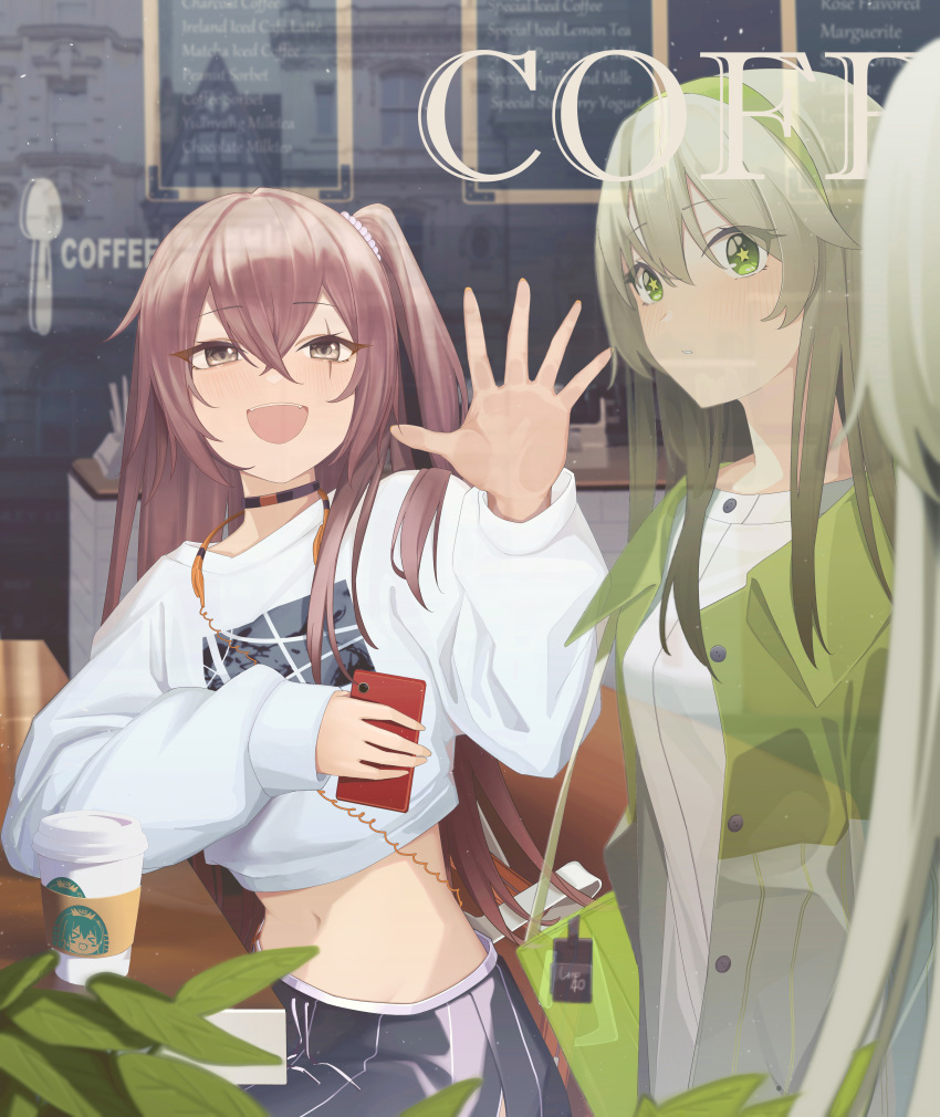 2girls :d absurdres alter_sang black_choker black_shorts blush brown_hair cafe cellphone choker coffee_cup cup disposable_cup fangs girls'_frontline green_eyes green_hair green_hairband green_jacket hair_between_eyes hairband hand_up highres holding holding_phone jacket long_hair long_sleeves looking_at_viewer midriff multiple_girls navel one_side_up open_clothes open_jacket open_mouth phone shirt shorts sitting smile star-shaped_pupils star_(symbol) symbol-shaped_pupils teeth ump40_(girls'_frontline) ump45_(girls'_frontline) upper_teeth_only waving white_shirt