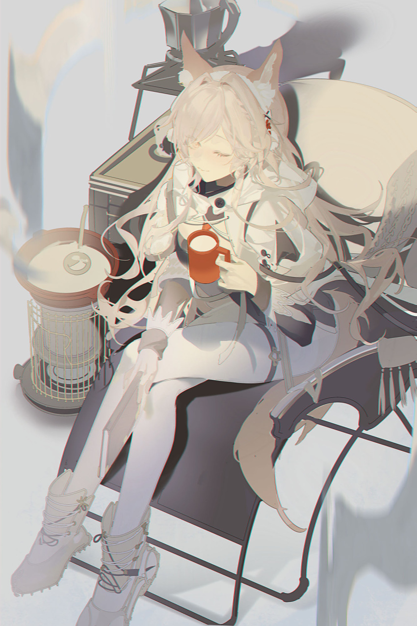 1girl ;) animal_ear_fluff animal_ears ankle_boots arknights black_dress boots breasts brown_eyes closed_mouth crossed_legs cup dress food full_body highres holding holding_cup large_breasts long_hair long_sleeves mug official_alternate_costume one_eye_closed pantyhose pink_hair portable_stove pozyomka_(arknights) pozyomka_(snowy_plains_in_words)_(arknights) samo_(shichun_samo) sitting smile solo tail tassel thigh_strap very_long_hair white_footwear white_headwear white_pantyhose wolf_ears wolf_girl wolf_tail