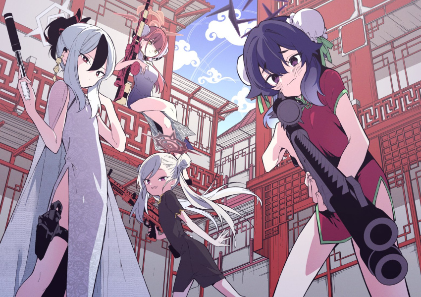 4girls aru_(blue_archive) bare_legs black_hair blue_archive blunt_bangs bright_pupils china_dress chinese_clothes commentary_request demon_horns dress earrings fp6 grey_hair grin gun h&amp;k_mg5 h&amp;k_p30 h&amp;k_psg1 hair_between_eyes hair_bun halo handgun haruka_(blue_archive) holding holding_gun holding_weapon holster horns jewelry kayoko_(blue_archive) long_hair machine_gun multicolored_hair multiple_girls mutsuki_(blue_archive) nogiwa_kaede pink_hair purple_eyes purple_hair red_eyes rifle shotgun smile sniper_rifle thigh_holster twintails two-tone_hair weapon white_hair white_pupils