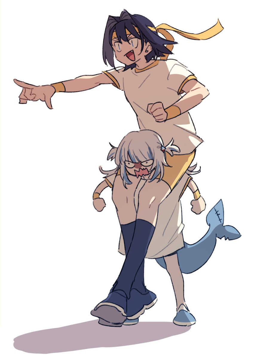 2girls absurdres blue_hair brmameng carrying fang fins fish_tail gawr_gura hair_intakes headband height_difference highres hololive hololive_english multicolored_hair multiple_girls ouro_kronii oversized_clothes oversized_shirt pointing pointing_forward shark_girl shark_tail shirt shorts shoulder_carry streaked_hair tail two_side_up virtual_youtuber white_hair white_shirt wristband yellow_headband yellow_shorts