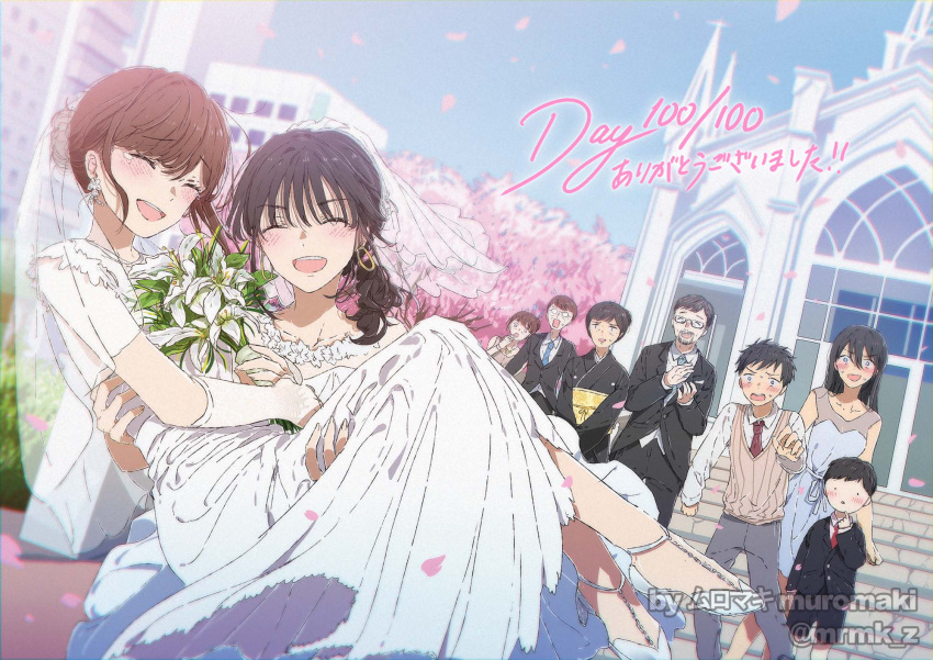 4boys 5girls black_hair black_jacket black_kimono blue_dress blue_necktie blush bridal_veil brown_hair brown_sweater building carrying cherry_blossoms child church closed_eyes commentary_request couple dress dutch_angle earrings elbow_gloves falling_petals glasses gloves grey_pants grin hair_bun high_heels highres hoop_earrings jacket japanese_clothes jewelry kimono multiple_boys multiple_girls muromaki necktie obi open_mouth original outdoors pants petals princess_carry red_necktie sash short_hair shorts sleeveless sleeveless_dress smile suit_jacket surprised sweater tearing_up tears teeth translation_request upper_teeth_only veil wedding wedding_dress white_dress white_gloves wife_and_wife yuri