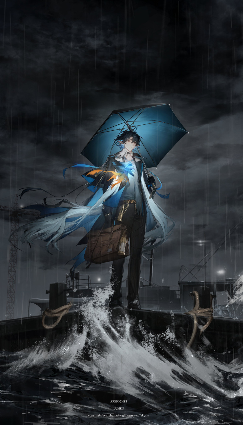 1boy absurdres arknights artist_name ascot bag black_collar black_footwear black_gloves black_hair black_pants blue_ascot blue_hair blue_umbrella brown_bag character_name cloud cloudy_sky coat coat_on_shoulders collar colored_inner_hair commentary copyright_name english_text fek_zin frown full_body gloves gradient_ascot grey_sky highres holding holding_bag holding_umbrella looking_at_viewer lumen_(arknights) male_focus messy_hair multicolored_hair open_clothes open_coat outdoors pants pointy_ears rain scarf ship shoes short_hair sky solo umbrella watercraft waves white_scarf yellow_ascot yellow_eyes